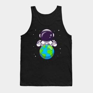 Cute Astronaut With Earth In Space Cartoon Tank Top
